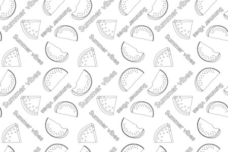 Vector pattern featuring watermelon slices and Summer vibes text in a black-and-white outline, perfect for coloring pages and summer-themed designs.のイラスト素材