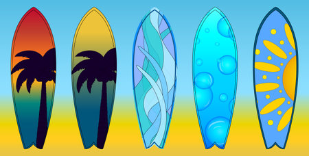 A colorful set of surfboard illustrations with tropical and abstract designs. Perfect for summertime, beach, and surfing themes.のイラスト素材