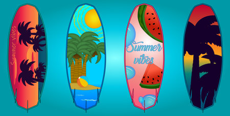 Bright and vibrant vector illustration featuring four surfboards with summer-themed designs, perfect...
