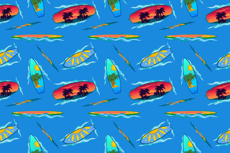 Vibrant seamless pattern featuring surfboards and waves, perfect for summertime designs and...