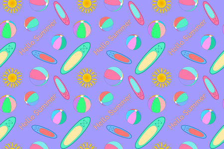 Sun, beach balls and surfboards on purple background. The description Hello Summer. Summertime....