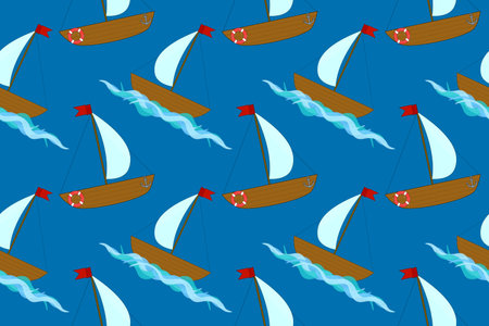 Seamless vector pattern featuring sailboats, anchors, and lifebuoys on a blue background. Ideal for nautical, maritime, and summertime designs.のイラスト素材