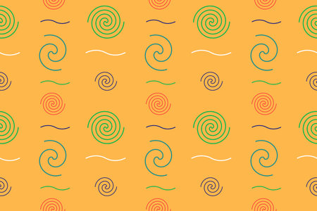 Bright and playful seamless Memphis style pattern with colorful spirals and wavy lines on an orange background. Ideal for textiles and digital designsのイラスト素材