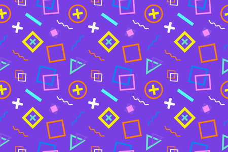Vibrant seamless Memphis pattern with geometric shapes. Perfect for backgrounds, textiles, wallpapers, and trendy designs. Bold and playful.のイラスト素材