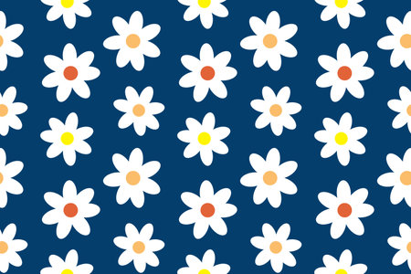 Bright and cheerful seamless daisy pattern in Memphis style, perfect for fabric, wallpaper, and digital design. Blue background.のイラスト素材