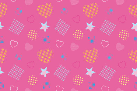 Colorful Memphis style seamless pattern with geometric shapes and hearts. Perfect for backgrounds, textiles, wallpapers, and trendy designs.のイラスト素材