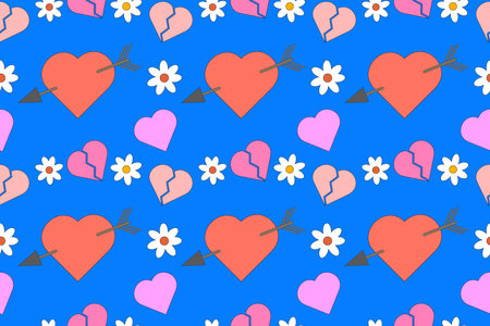 Bright seamless pattern with hearts and flowers in Memphis retro style. Ideal for Valentines Day, wedding invitations, festive decorations, and more.のイラスト素材