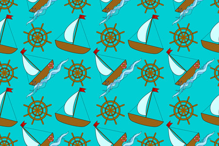 Vibrant seamless pattern with ships and helms. Perfect for summertime designs and marine-themed projects.のイラスト素材