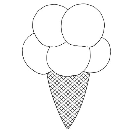 Coloring page with a refreshing illustration of a waffle cone with a few ice cream scoops. Perfect for kids summertime activities and creative projects.のイラスト素材