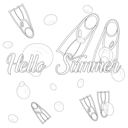 A fun and engaging coloring page featuring diving fins, bubbles, and Hello Summer text. Perfect for summertime creativity.のイラスト素材