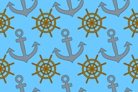 A seamless pattern featuring nautical elements like anchors and helms. Perfect for marine-themed designs and projects.のイラスト素材