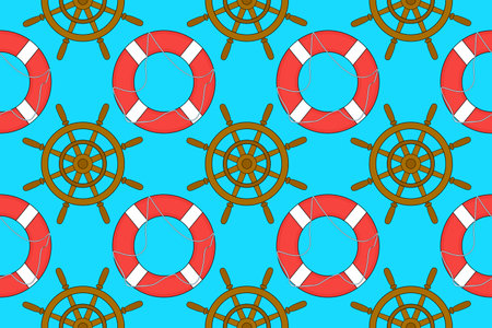 Nautical seamless pattern featuring lifebuoys and ship wheels. Ideal for summer-themed designs, backgrounds, and maritime projects.のイラスト素材
