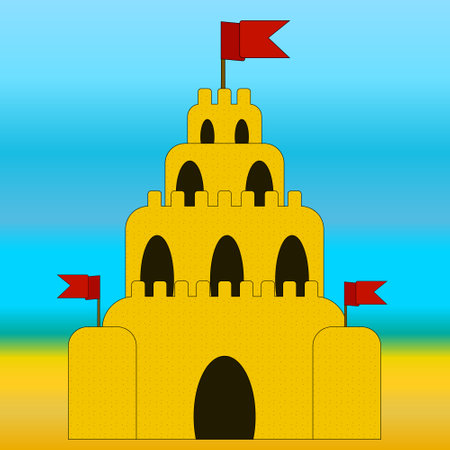 Illustration of a sandcastle with red flags on a sunny beach. Perfect for summer, beach, and vacation-themed designs.のイラスト素材