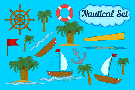 A colorful nautical vector set featuring a boats, anchor, lifebuoy, ship wheel, telescope, waves, red flag and palms. Perfect for summer, maritime themes, and holiday designs.のイラスト素材