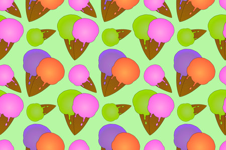 A seamless pattern featuring colorful ice cream cones on a light background. Perfect for summer-themed designs, textiles, and backgrounds.のイラスト素材