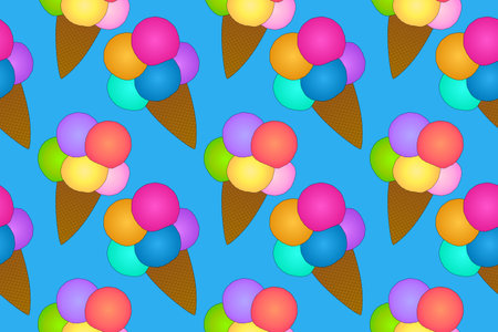 A vibrant seamless pattern featuring colorful ice cream cones on a blue background. Perfect for summer-themed designs and backgrounds.のイラスト素材
