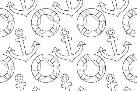 Seamless pattern of anchors and lifesavers outline illustration for a fun and engaging coloring page. Perfect for kids and nautical themed projects.のイラスト素材