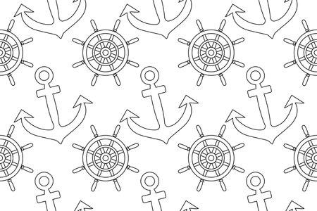 Intricate nautical-themed coloring page featuring anchors and ship wheels. Perfect for maritime enthusiasts and children.のイラスト素材