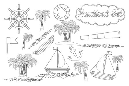 Fun and detailed nautical-themed coloring set featuring various maritime elements. Perfect for children and adults to color and enjoy.のイラスト素材