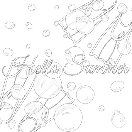 Fun and detailed scuba gear coloring page with Hello Summer text. Perfect for children and adults looking for a creative, relaxing activity.のイラスト素材