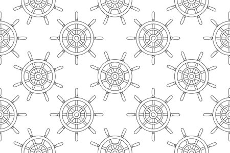 A detailed nautical coloring page featuring a seamless pattern of ship wheels. Ideal for children and adults looking for a creative activity.のイラスト素材