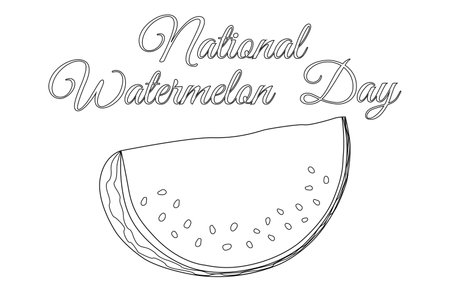 Celebrate National Watermelon Day with this fun coloring page featuring a watermelon slice and festive text.のイラスト素材