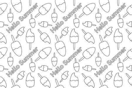 Fun ice cream pattern coloring page with Hello Summer text. Perfect for kids and adults to enjoy and relax with creative fun.のイラスト素材