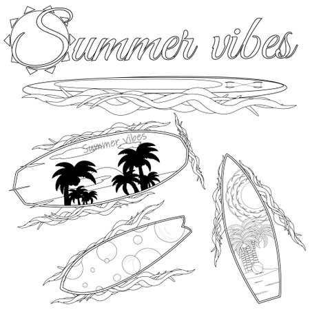 Enjoy the summer vibes with this fun surfboard-themed coloring page. Perfect for kids and adults like to unleash their creativity.のイラスト素材