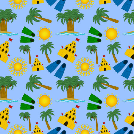 A vibrant and fun seamless pattern featuring summer elements like palm trees, suns, sandcastles, and flippers. Perfect for summer-themed projects.のイラスト素材