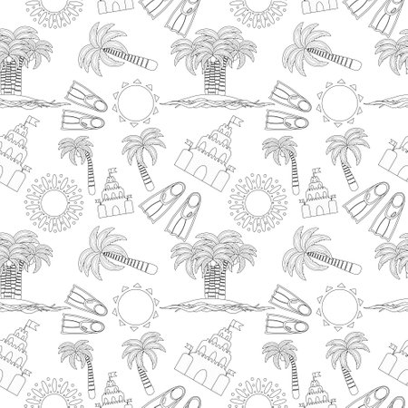 A detailed summer beach-themed coloring page featuring palm trees, sandcastles, suns, and swim fins. Perfect for children and adults to enjoy a creative activity.のイラスト素材