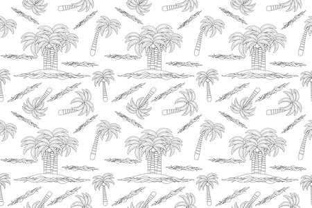 A detailed tropical beach-themed coloring page featuring palm trees, ocean waves, and an island. Perfect for relaxing and creative coloring activities.のイラスト素材