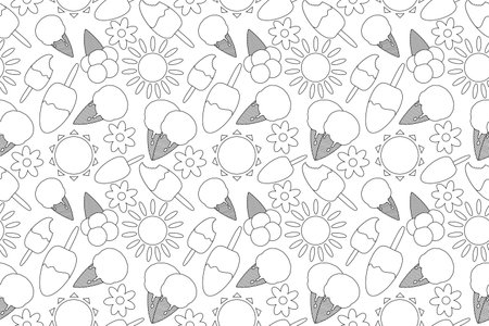 Fun and detailed coloring page featuring ice cream cones, sun, and flowers. Perfect for kids and adults to enjoy a summer-themed activity.のイラスト素材