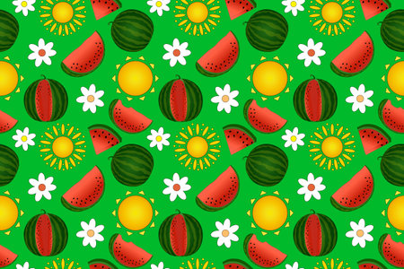 Bright and cheerful seamless pattern featuring watermelons, sun, and flowers. Perfect for summer-themed designs and projects.のイラスト素材