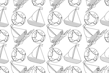 Seamless nautical-themed pattern for coloring. Features sailboats, life rings, and waves in black and white. Ideal for both children and adults.のイラスト素材
