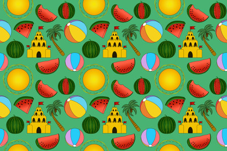 Bright and cheerful seamless pattern featuring summer icons like watermelons, palm trees, beach...