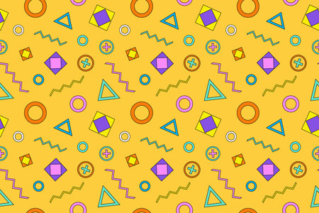 A vibrant Memphis style cartoon pattern featuring colorful geometric shapes. Perfect for retro, trendy, and playful design projects.のイラスト素材