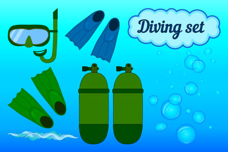 Vector illustration of a summertime diving equipment set including snorkel, fins, oxygen tanks and bubbles. Perfect for beach and underwater themes.のイラスト素材
