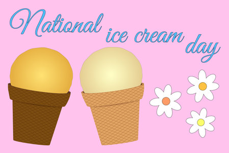 Celebrate National Ice Cream Day with this colorful vector poster featuring ice cream cones and cheerful daisies on a vibrant background.のイラスト素材