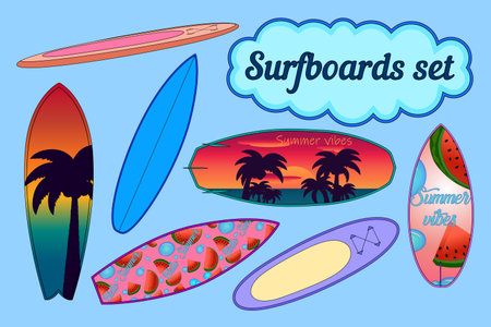 A vibrant collection of summertime surfboards with fun, tropical designs. Perfect for beach, vacation, and summer-themed projects.のイラスト素材