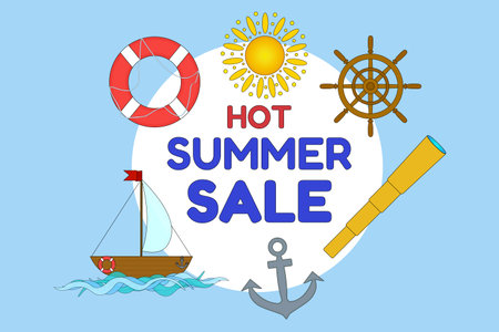 Colorful summer sale banner featuring nautical elements like a boat, sun, lifebuoy, and anchor. Perfect for promoting summer discounts.のイラスト素材