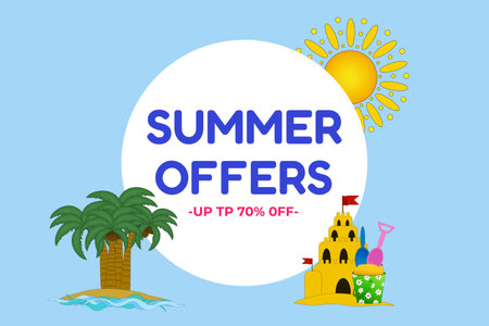 Bright and colorful summertime sale banner with palm trees, sun, and sandcastle elements. Perfect for promotions and advertisements.のイラスト素材