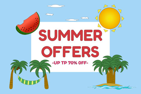 Bright and colorful summer sale banner featuring palm trees, sun, and watermelon. Perfect for seasonal promotions and advertisements.のイラスト素材