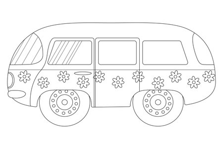 A fun and detailed coloring page of a hippie van with floral designs. Ideal for children and adults to enjoy and relax.のイラスト素材