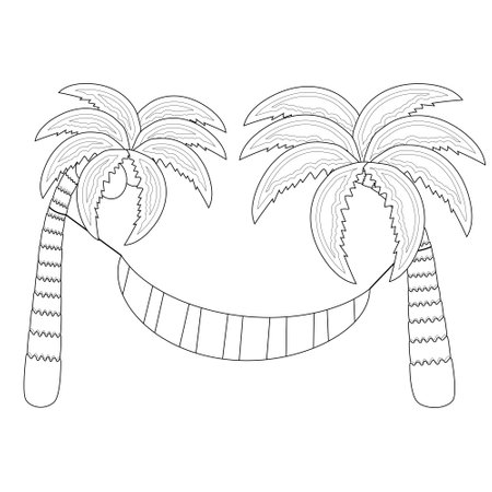 A relaxing coloring page featuring palm trees and a hammock, perfect for a tropical vacation theme. Great for kids and adults alike.のイラスト素材