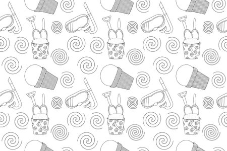 A detailed summer-themed coloring page featuring beach toys, ice cream, and snorkel gear. Perfect for children and adults to color and enjoy.のイラスト素材
