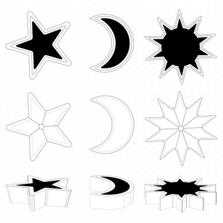Black and white vector set of sand molds for coloring, including stars, moons, and suns. Perfect for beach-themed creative activities.のイラスト素材