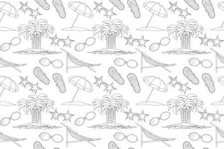 Black and white summer beach pattern with palm trees, sunglasses, beach umbrellas, and starfish. Perfect for kids and adults to color and relax.のイラスト素材