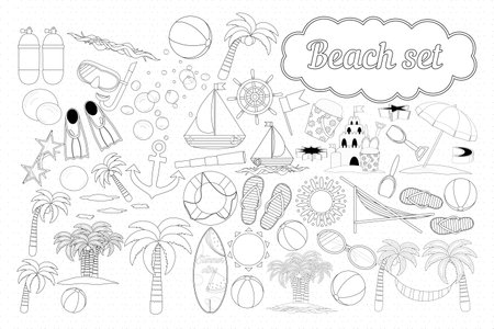 Detailed black and white beach set illustration for coloring. Includes various beach elements like umbrellas, flip flops, and palm trees. Perfect for kids and adults.のイラスト素材