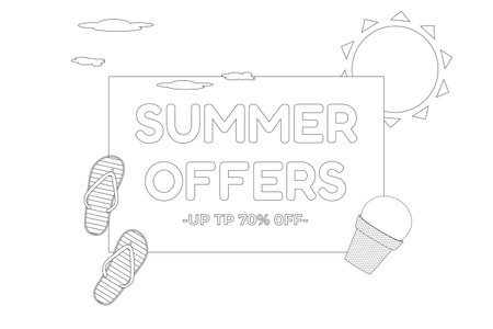 Black and white coloring page for a summer sale. Features sun, flip-flops, and ice cream. Perfect for kids and promotional materials.のイラスト素材