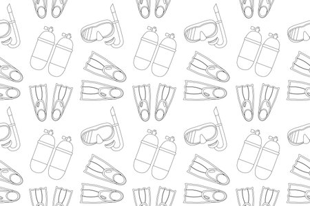 Detailed black and white coloring page pattern featuring scuba diving gear like masks, fins, and air tanks. Ideal for relaxation and creativity.のイラスト素材
